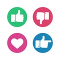 Thumbs up down sign. Point finger and heart icons in red and green circle. Social media love user reaction vector Royalty Free Stock Photo