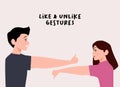 Thumbs up and Down. Woman showing thumb down or dislike With Man hand show thumb up or like gestures  cartoon Illustration Royalty Free Stock Photo