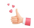 Thumbs up gesture with flying hearts 3d render - like or positive feedback concept.