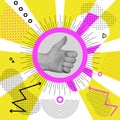 Thumbs up gesture. Hand Gesture OK on sunny rays, memphis background. Geometry shapes on white background. Hand in circle vector Royalty Free Stock Photo