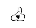 Thumbs up gesture with Love shape concept doodle hand drawn vector line illustration