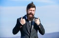 Thumbs up gesture. Man bearded optimistic businessman wear formal suit sky background. Success and luck. Optimistic mood Royalty Free Stock Photo