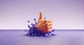 Thumbs Up Hand Like Symbol Breaking Purple Wall. Success Concept, Orange Icon with Copy Space. Royalty Free Stock Photo