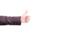 Thumbs up hand sign on white isolated background. Cheerful and success of business concept. Finger of people hand