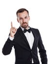 Thumbs up handsome young businessman in business suit. Businessman portrait isolated on white background. Royalty Free Stock Photo