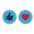 Thumbs up and heart icon on a blue background.