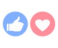 Thumbs up and heart shape symbols. Like button. Vector illustration
