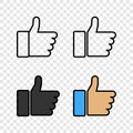 Thumbs up icons. Like vector icons, isolated. Like or Thumb up in different design. Thumb up. Like. Vector illustration