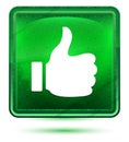 Thumbs up like icon neon light green square button Royalty Free Stock Photo