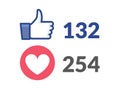 Thumbs up like social network heart icon. New likes number appreciation online. Web blogging concept