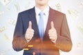 Thumbs up man in dollar rain, toned Royalty Free Stock Photo