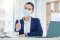 Thumbs up, mask portrait and Covid safety business woman with face protection for serious illness. Corporate virus