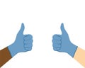 Thumbs up in medical gloves. Multi-ethnic surgeon doctor hands in protective gloves with their thumb up. Like, approve