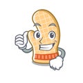 Thumbs up oven glove placed mascot cooking table