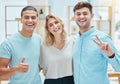 Thumbs up, peace sign and happy business people smiling about company success or partnership. Portrait of a team of Royalty Free Stock Photo