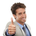 Thumbs up, portrait and business man with smile in studio for winning deal, success icon and trust agreement on white Royalty Free Stock Photo