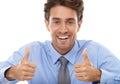Thumbs up, portrait and excited business man in studio for winning deal, support icon or like agreement on white Royalty Free Stock Photo