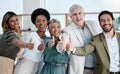 Thumbs up, portrait and happy business people in office with thank you sign, gesture and positive symbol. Diversity Royalty Free Stock Photo