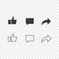 Thumbs up and with repost and comment icons on a white background. Social media icon, empathetic emoji reactions icon
