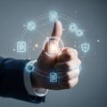 Thumbs Up for Secure Digital Document Management: Hand Approving Optimized Workflow with Glowing Icons Royalty Free Stock Photo