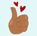 Thumbs up, a sign. The dark-skinned palm of an African-American man. Positive friendly gesture with hearts. Vector