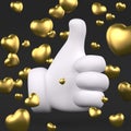 Thumbs up sign. Golden hearts. 3D rendering illustration