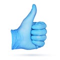 Thumbs-up sign. Hand in blue nitrile glove isolated