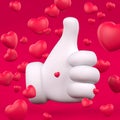 Thumbs up sign. Pink hearts. 3D rendering illustration