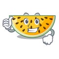 Thumbs up sliced yellow watermelon on character cartoon