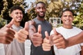 Thumbs up, sport teamwork and success hand sign of black people on a basketball court. Happy, winner and smile of a Royalty Free Stock Photo