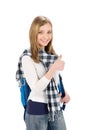 Thumbs up student teenager woman with shoolbag Royalty Free Stock Photo