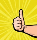 Thumbs up, success. Retro comic pop art vector illustration