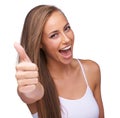 Thumbs up, thank you and portrait of a woman with motivation isolated on a studio background. Success, smile and model