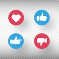 Thumbs up and thumbs down, heart signs set. Like symbol. Social media element. Bright buttons with user feedback for