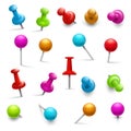 Thumbtack. 3d multicolored push pins for notice paper. Pushpins isolated vector set Royalty Free Stock Photo