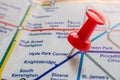 Thumbtack on Hyde Park station in london underground map Royalty Free Stock Photo