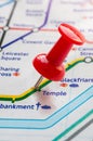 Thumbtack on Temple station in london underground map Royalty Free Stock Photo