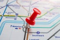 Thumbtack on Waterloo station in london underground map Royalty Free Stock Photo