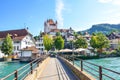 Thun, Switzerland - August 8, 2019: Amazing cityscape of historical city Thun. Located not far from the Swiss Alps. The dominant