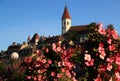 View of the clock tower and castle of Thun with pink flowers in the foreground in the city of Thun, Switzerland