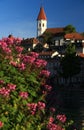 View of the clock tower and castle of Thun with pink flowers in the foreground in the city of Thun, Switzerland