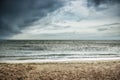 Thunder beach dramatic sky seascape Padang Padang on Bali as beautiful dramatic landscape before rain