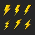 Thunder and Bolt Lighting Flash Icons Set. Flat Style on Dark Background. Vector