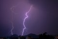 Thunder light striking over a mountain . Heavy Rainfall . Thunderstorm .