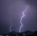 Thunder light striking over a mountain . Heavy Rainfall . Thunderstorm .