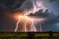 Thunderstorm above fields and trees with multiple forked lightning. Royalty Free Stock Photo