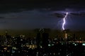 Thunder storm lighting bolt on the horizontal sky and city scape