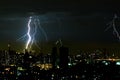 Thunder storm lighting bolt on the horizontal sky and city scape Royalty Free Stock Photo