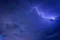 thunder storm lighting bolts in blue sky splitting and hit the