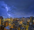 Thunder storm lightning sky over nigkt cityscape of Kobe bay in Kobe city, Japan Royalty Free Stock Photo